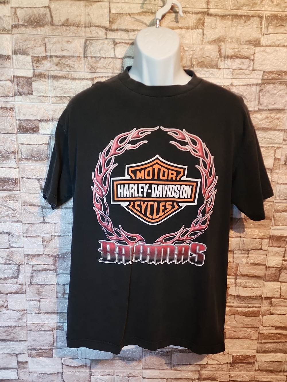 Harley-Davidson Black Tee with Orange Shield and Red Flame Graphic